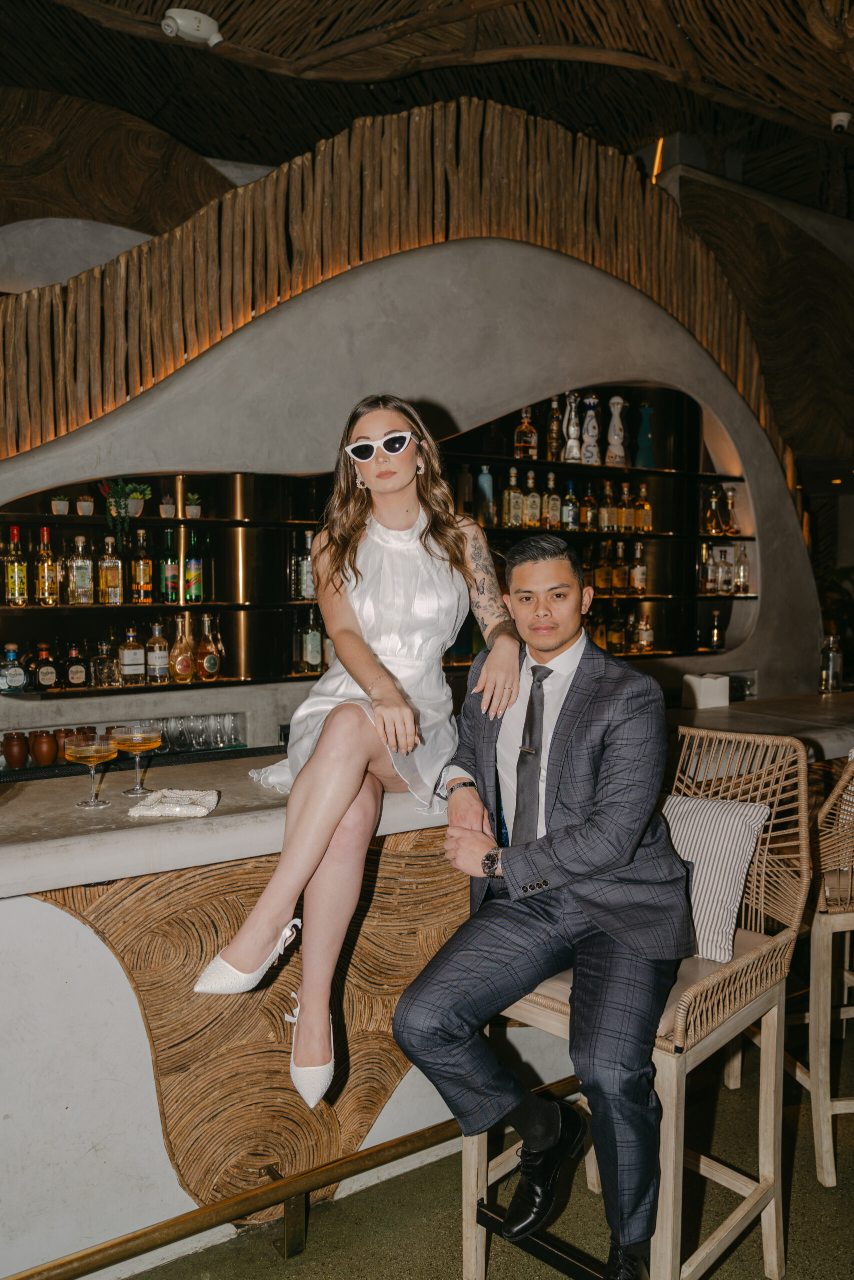 Engagement photos on a bar top in Bellevue, Washington